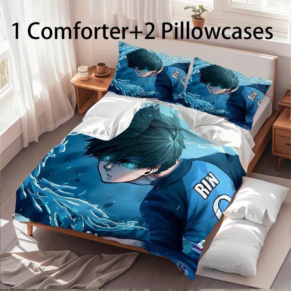 Blue Lock Bettwäsche Set Rin Itoshi Rosenmuster Gemütlich Weich Bettbezug Set King Queen Twin Einzelbett Größen Geburtstag Geschenk für Fan Schlafzimmer Dekoration