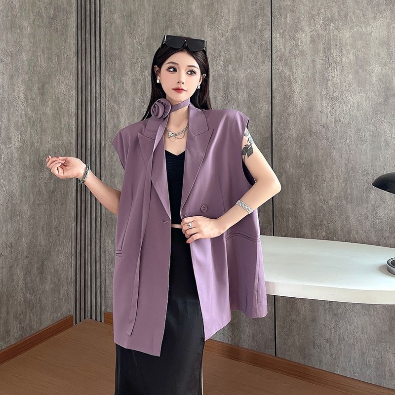 Popular Casual Design Purple Sleeveless Blazer Vest for Women Summer Loose Commute Layered Outerwear Top