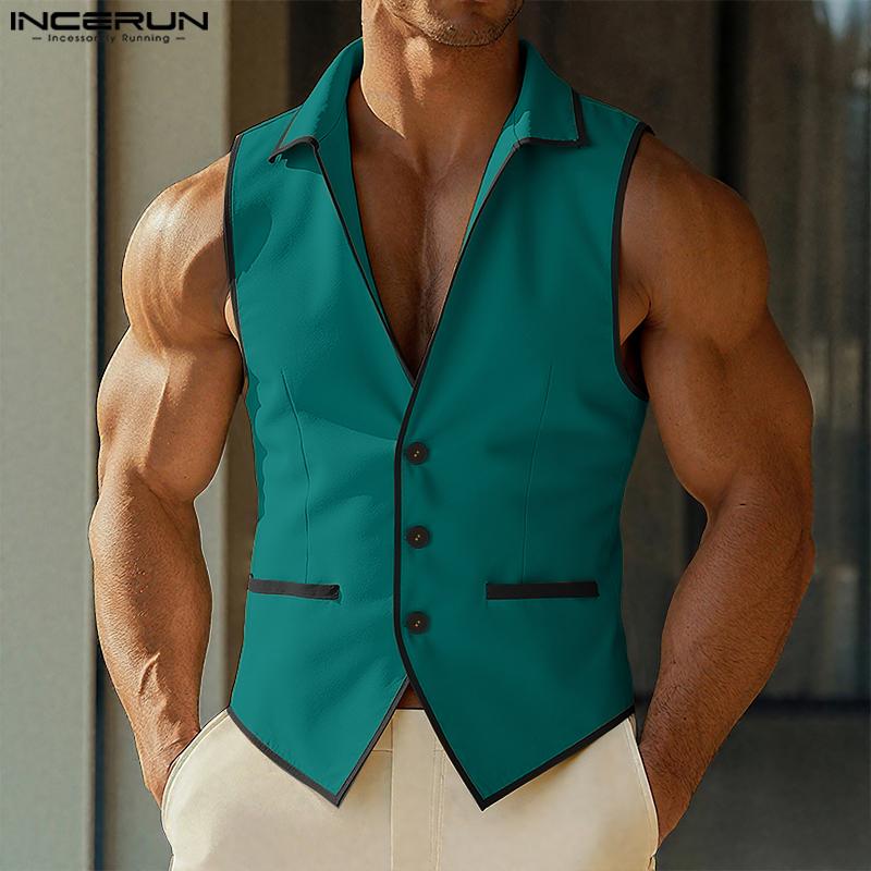 INCERUN Men Casual Lapel Neck Sleeveless Stitching Thin Waistcoat Tops