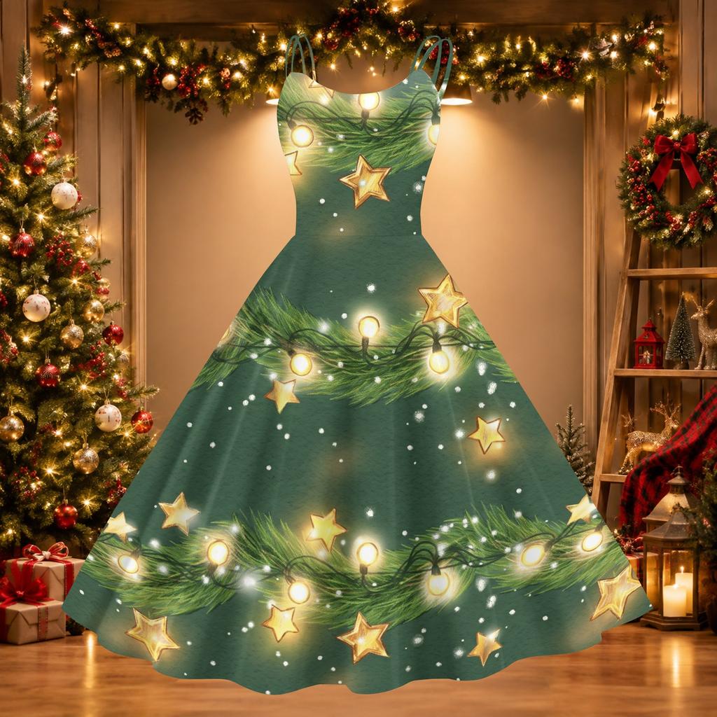 Damen Weihnachtsdruck Off-Shoulder Vintage Kleid