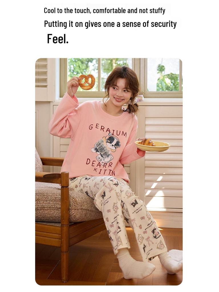 Womens Korean Style Cartoon Pajamas Set with Chest Pad - Long Sleeve, Cute Home Wear for Spring & Autumn (2025)