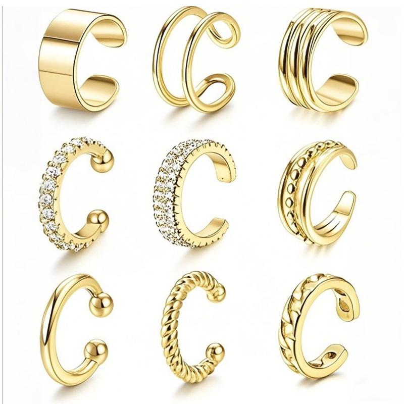 

9pcs Minimalist Vintage C-Shaped Rhinestone Clip-On Earrings Set Gold Color Zircon Exclusive Design Ear Cuff For Women Jewelry