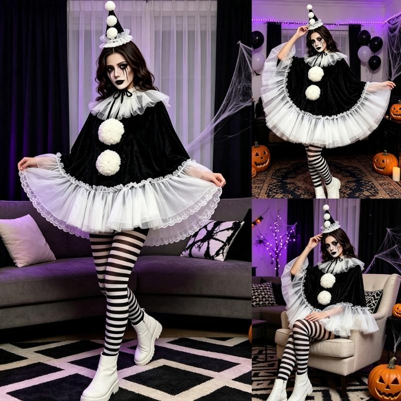 Adult Halloween Outfit Set, Black White Party Costume with Ruffle Collar and Pull On Styling for Dance Photos