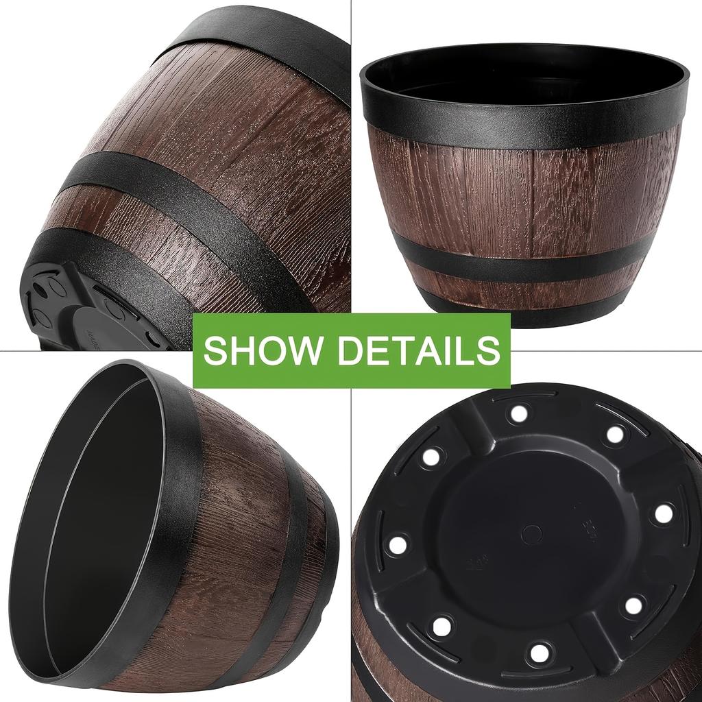 2pcs A Set of Retro Barrel Flower Pots with Tray - One Base + One Pot, Striped Plastic Flower Pot with Drainage Holes, Suitable for Indoor and Outdoor
