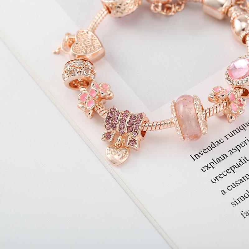 Pan's Rose Gold European Style Princess Crown Heart Pendant Bracelet for Women - DIY Customizable Series.