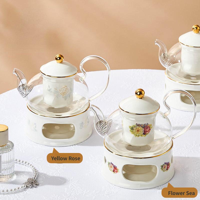 Light Luxury British Afternoon Tea Set with Glass Flower Tea Pot Set, Ceramic Stove, Candle Heating, Fruit Soaking Tea Pot