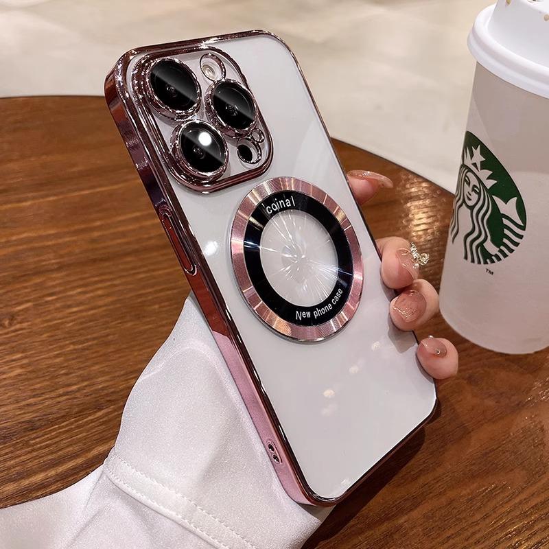 Luxury Clear High Quality Plating Case For iPhone 15 14 13 12 11 Pro Max Plus Soft TPU Lens Film Protect Magfsafe Magnetic Cover