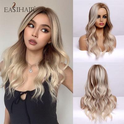 Světle blond vlnité syntetické paruky pro ženy Paruky Hnědý melír Cosplay paruky Tepelně odolná paruka střední délky