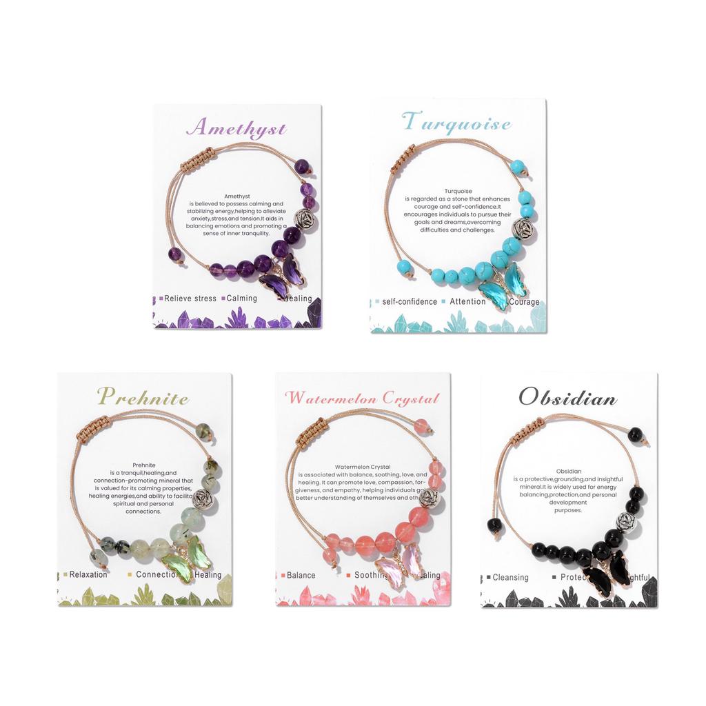 Handmade Butterfly Pendant Bracelet Braided Rope Handchain Adjustable Cord Wristband Natural Stone Bangles Party Jewelry