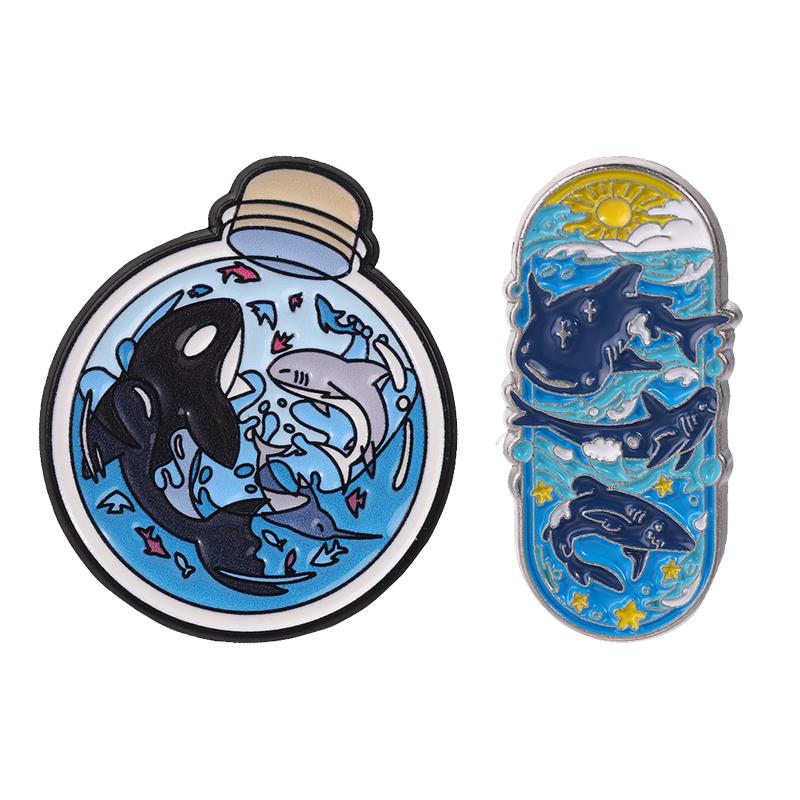 Ocean Marine Life Badge Nautical Style Enamel Pins Drift Bottle With Orca Shark Swordfish Brooch Gift Decor Accessories