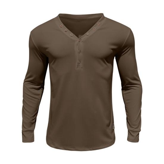 Yousheng Men Spring Autumn Top Button Decor V Neck Long Sleeves Solid Color Pullover T-shirt Stretchy Slim Fit Fitness Sport Top