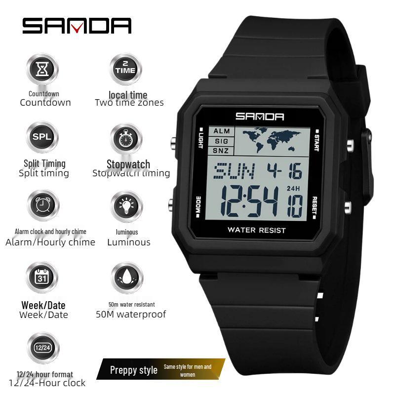 Sanda Student Waterproof Multifunctional Luminous Sports Watch with Large Square Screen
