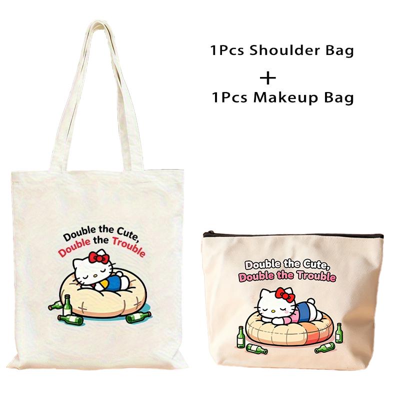 

1Set Hello Kitty Print Shoulder Bag&cartoon Makeup Bag Fashion Casual Portable Handbag Tote Toiletry Bag Travel&holidays Gift