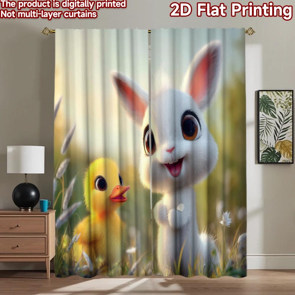 2D flat printing 2pcs Window Treatment Curtains Cute Bunny Duckling Spring Digital Printed Polyester Drapes Seasonal Party & 100×220