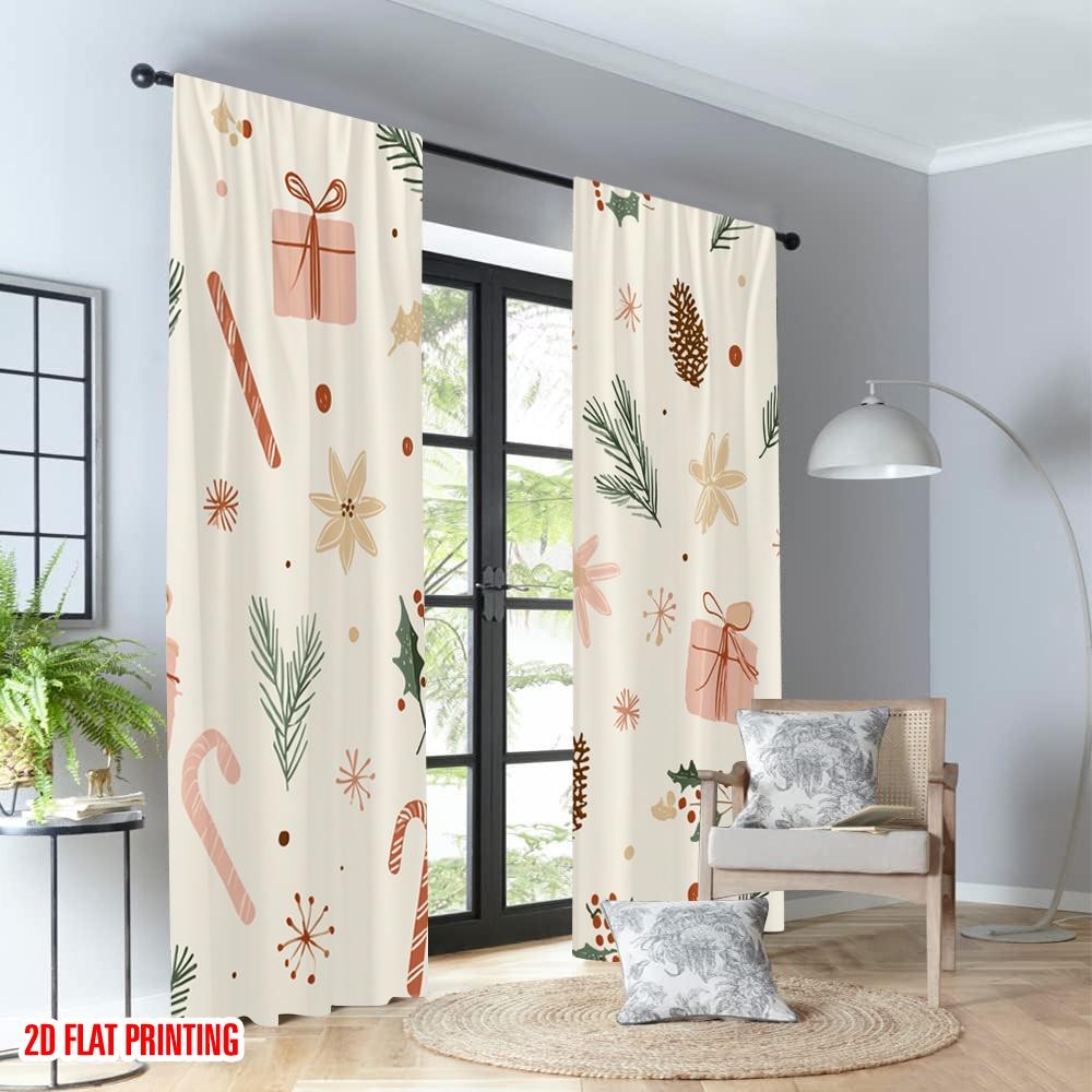 2pcs 2D flat printing Happy Christmas Scene Curtains Christmas Wrapping Paper Gifts Pinecones Digital Printed Polyester Drapes