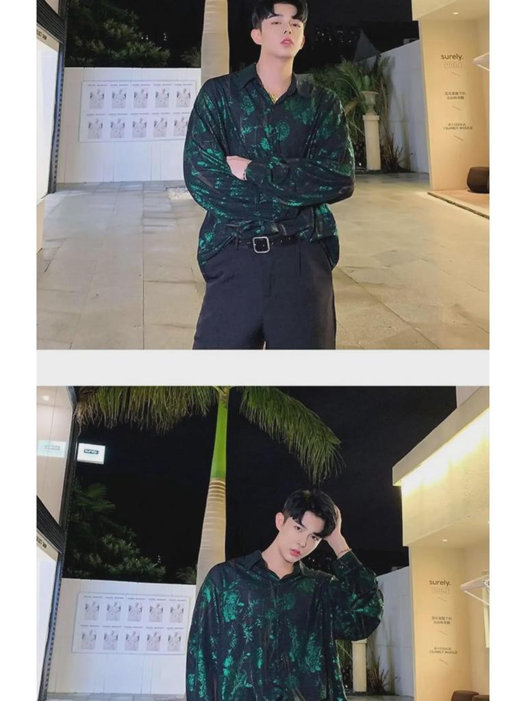 Pánská retro lesklá westernová košile s potiskem růží - Volná, trendy top kadeřníka ve stylu celebrit