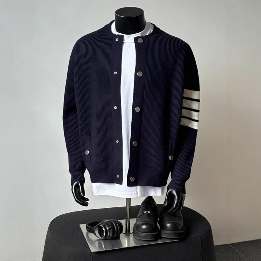 Grey Baseball Collar Knitted Sweater Jacket Men's Autumn and Winter Wear High-end Top Trendy Brand Loose Striped Cardigan Sweater