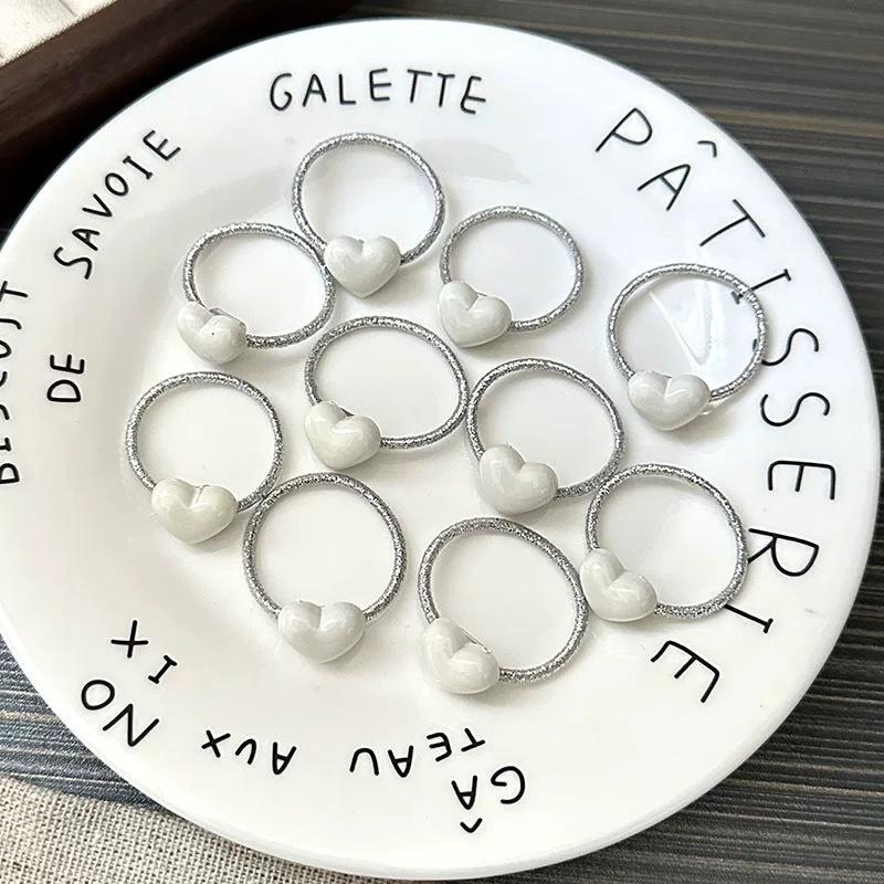 10pcs Hair Tie Silver/white Heart-shaped Rubber Bands, Suitable For Girls, Baby Ponytail Holders, High Elasticity, Durable Hair