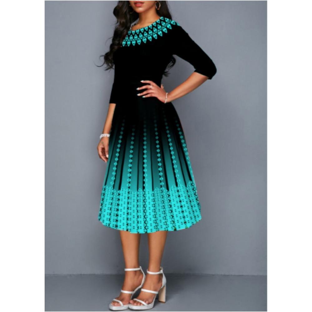 Women's Gradient Fashion Printed Temperament Mid Sleeve Waist Cinched Dress