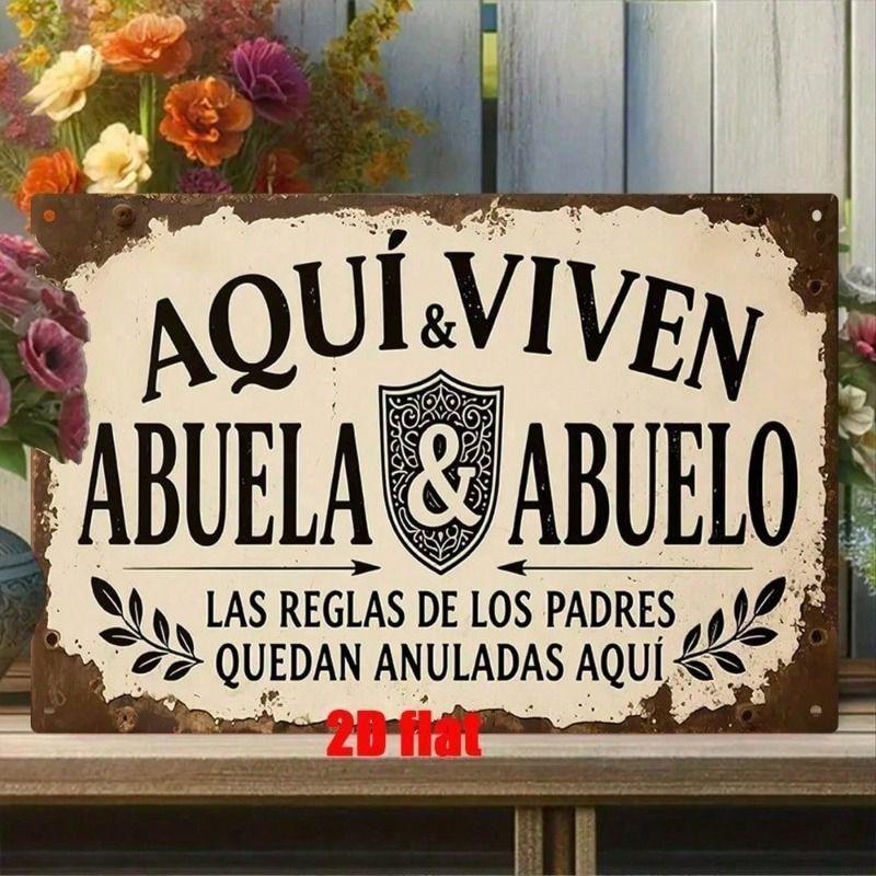 

Metal Poster Wall Art Vintage Retro Spanish Quote AQUI VIVEN ABUELA ABUELO for Living Room
