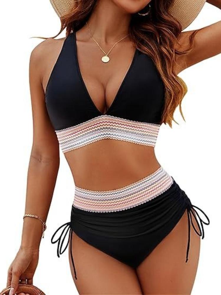 Large Size Women’s High-Waist Bikini Set, Sexy V-Neck Tankini Bathing Suit Two-Piece Drawstring Push-Up Swimwear