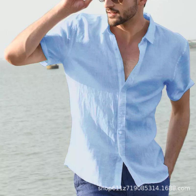 European & American Men's Summer 2025 Solid Color Short-Sleeve Lapel Cardigan Casual Thin Shirt