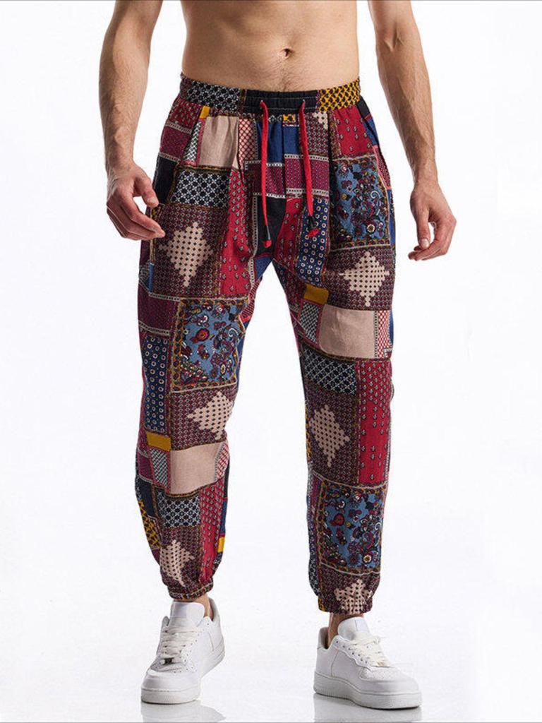 Herren Freizeithose Sommer und Herbst Lebhaftes Patchwork Bedruckte Kordelzughose Elastischer Bund mit Kordelzug Modisch und Bequem