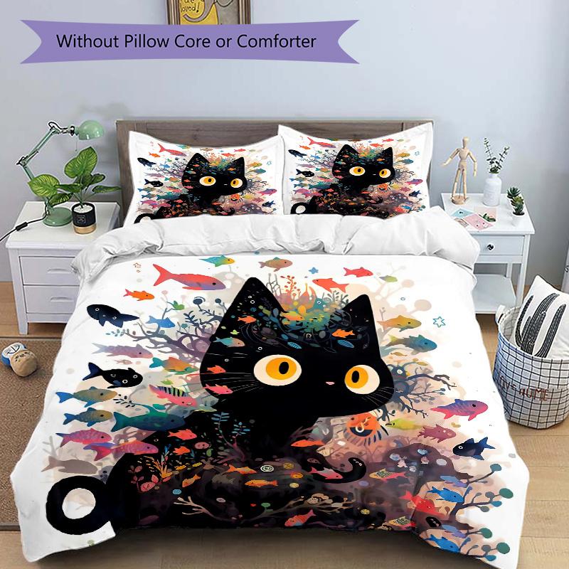

3 шт. Цветной Комплект Постельного Белья с Принтом Рыбок и Котенка, Мягкий и Удобный Пододеяльник для Спальни, (Сердечник подушки не входит в комплект).N019 135x200cm