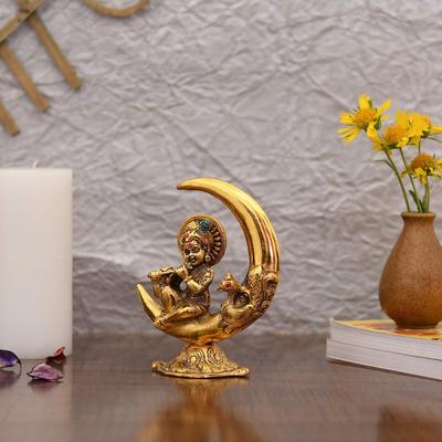 Baby Krishna Idol Murti Statue für Heim Puja Dekor - Vergoldete Krishna Idole auf Mond Dekostück Dekorative Geschenkset (Satz von 1)