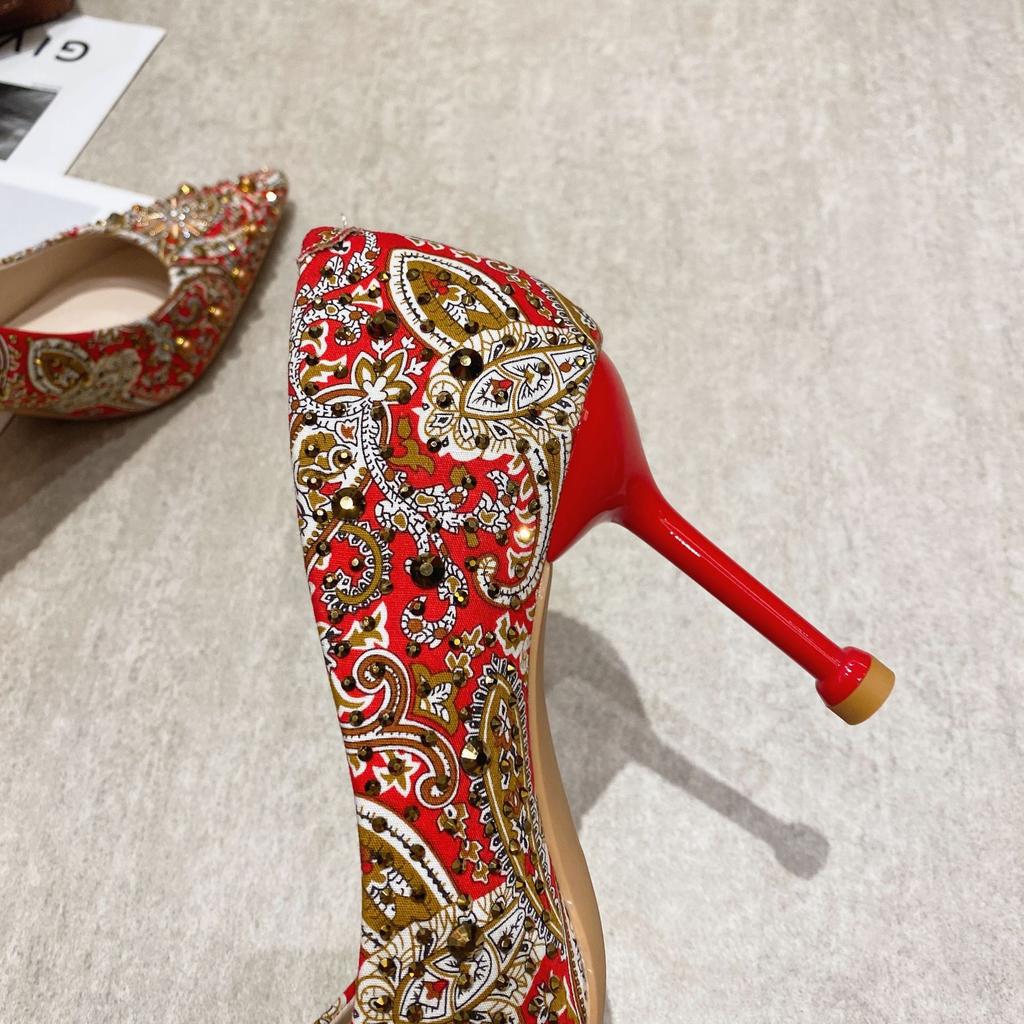 Hochzeitsschuhe Brautjungfer Hochzeitsschuhe Damen Neue Flache Mund Damen High Heels Strass Damen Stiletto Schuhe Nietennetz Rot 16
