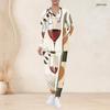 Women Plus Size V Neck Long Sleeve Scrub Set Retro Wine Bottle Glass Fruit Leaf Print Nurse Uniform Set