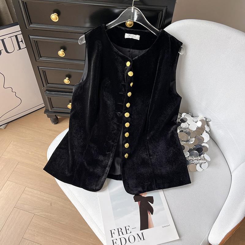 

Французский ретро модный жилет женский топ женский 2025 новый тонкий высококачественный бархатный черный верхний XL [Recommended 112-62.5kg] чёрный