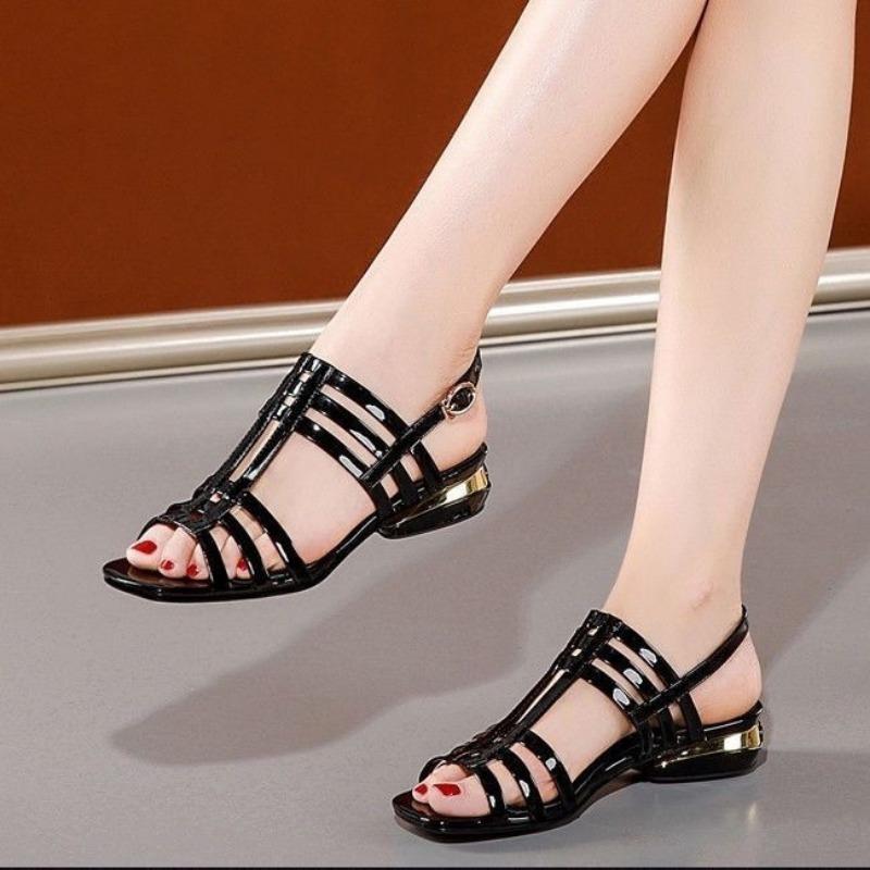 Mode Damen Schuhe Büroarbeit Zehenfrei mit niedrigen Absätzen Schwarze Sandalen für Damen Leder Bequem und Elegant Großhandel Sommer 2024 F