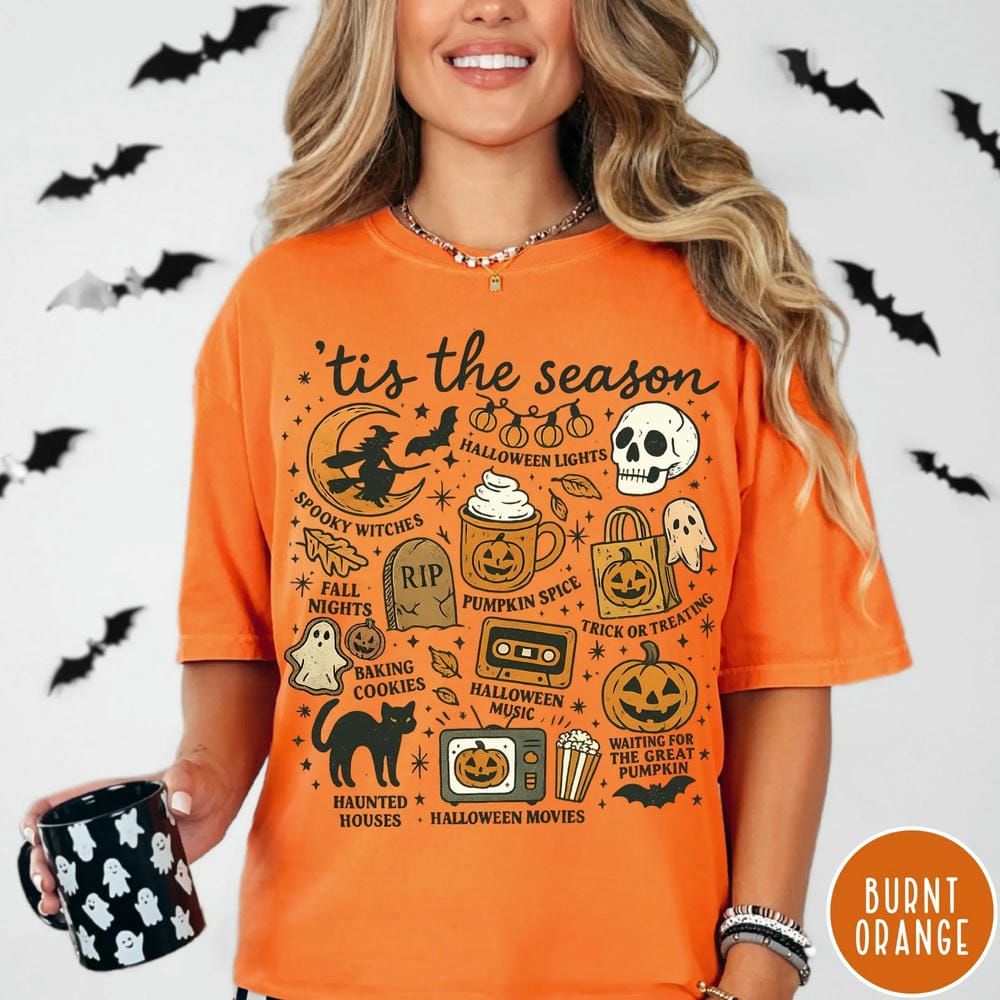 

Women Vintage Dark Academia Vintage Halloween Comfort Shirt Tis the Season Pumpkin Witch Graphic Tshirt Unisex Top Streetwear S