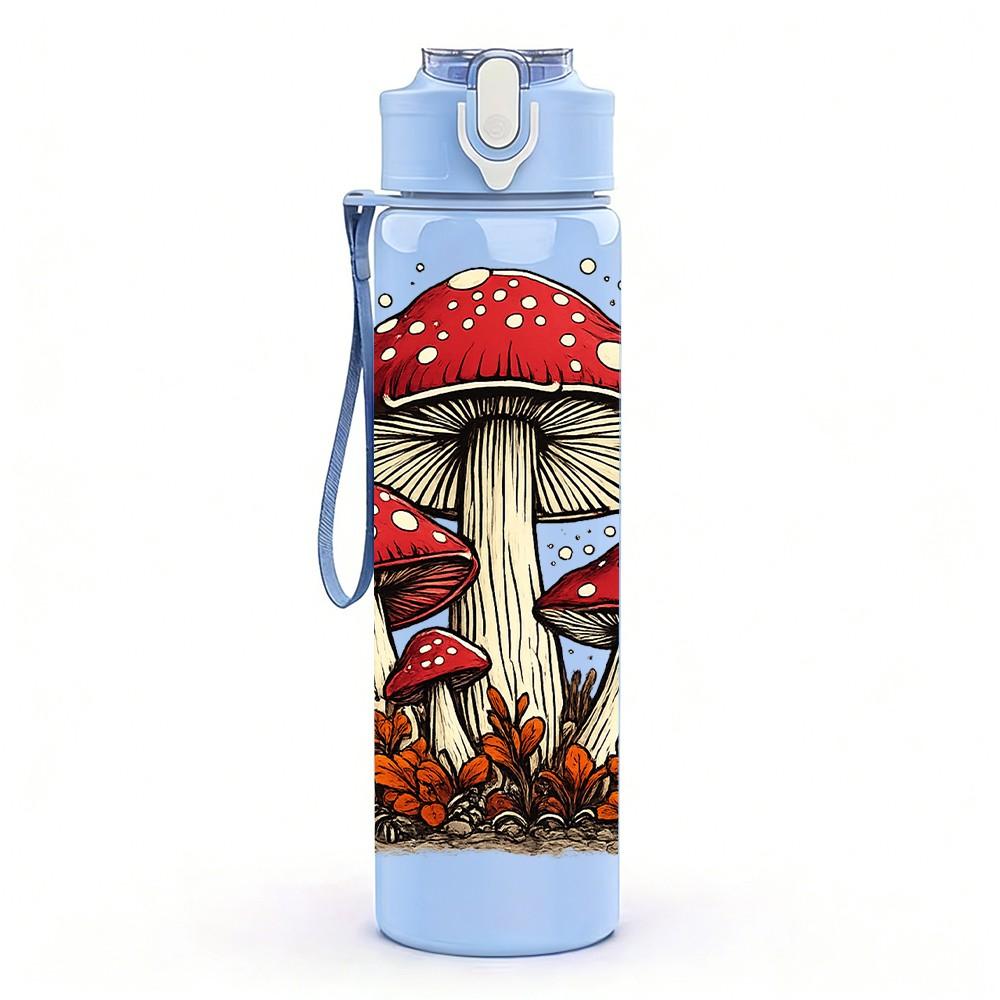 1PC Forest Red Mushroom Plant Art Print 750ml Color Plastic Sports Water Bottle Leakproof Flip Straw Lid Suitable for Sports Office Home Use