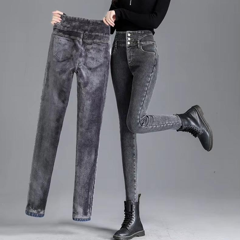 Thermal Winter Thick Fleece High-waist Warm Skinny Jeans Thick Women Stretch Button Pencil Pants Mom Casual Velvet Jeans