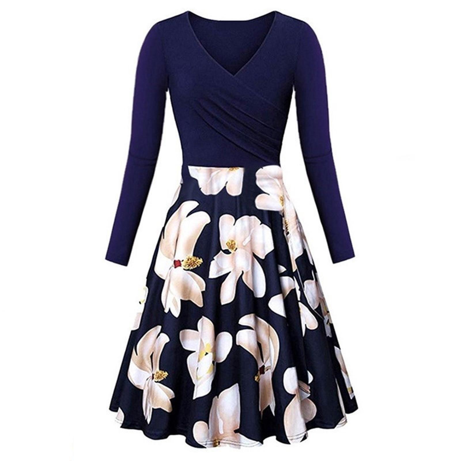 Women s Fashion  Floral Print A-Line Long Sleeve V-Neck Elegant Dress XXXL тёмно-синий