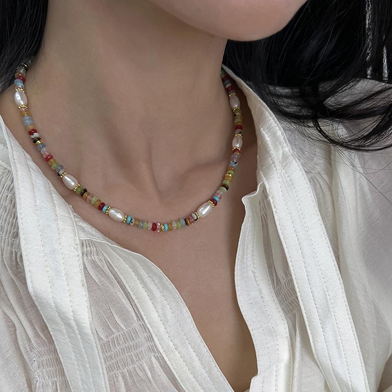 Niche Colorful Stone & Freshwater Pearl Necklace - Summer Fashion Statement Jewelry