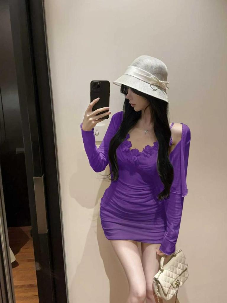 Sexy Nightclub Women's Floral Two-Piece Set: Long-Sleeve Cardigan and Low-Cut Spaghetti Strap Short Skirt