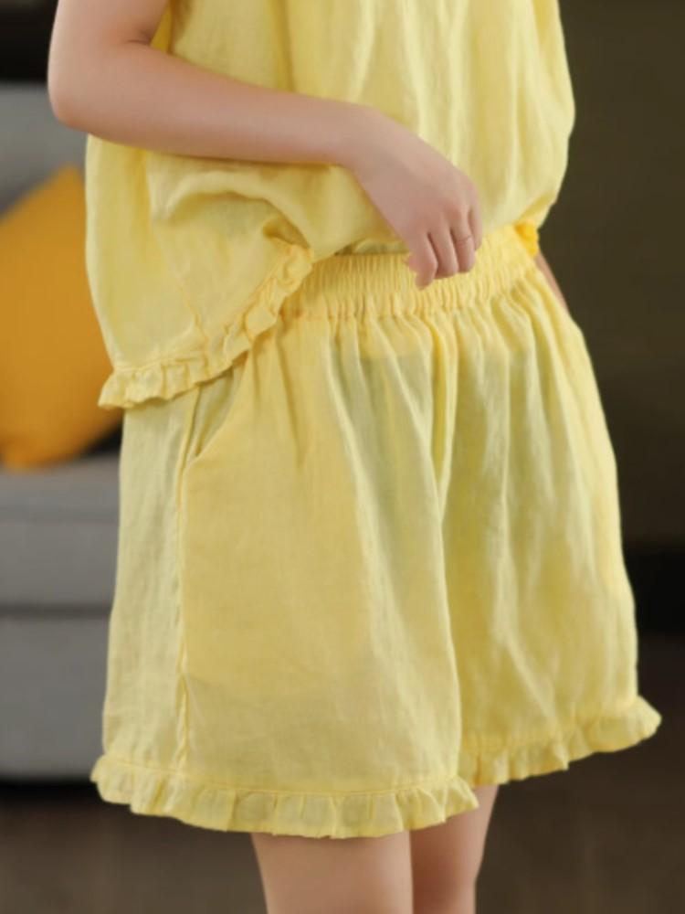 Johnature Women Vintage Shorts Solid Color Summer Cloths Elastic Waist Loose Pockets Casual Shorts