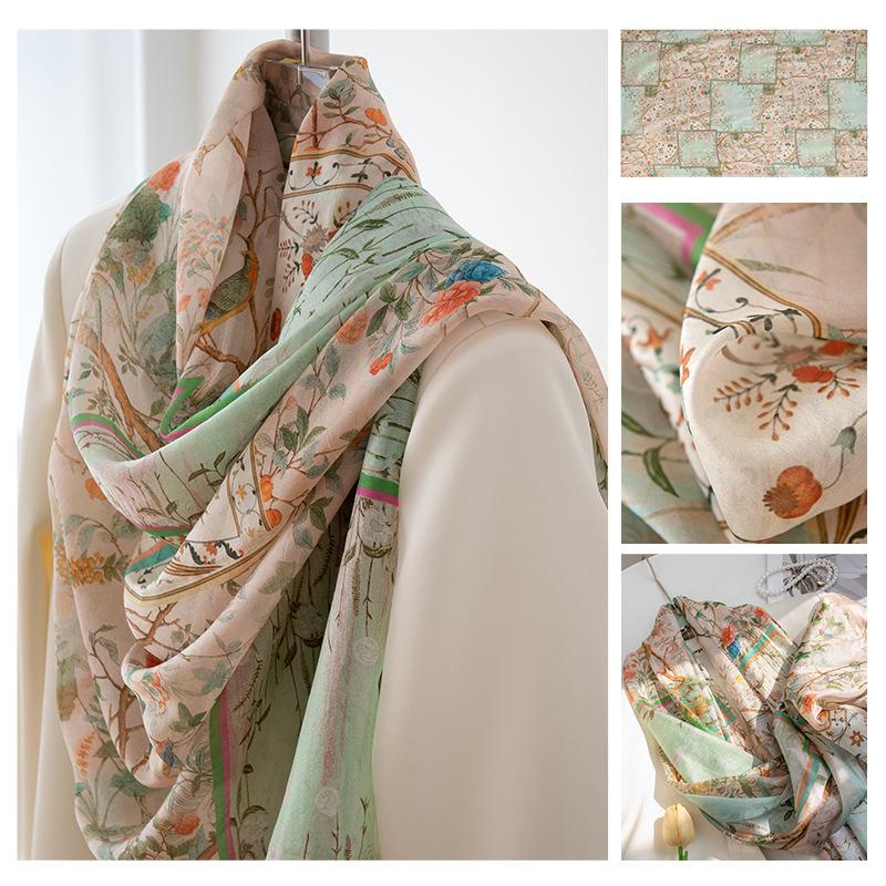 Long Strips of Silk Scarf  High-end Sense Mulberry Silk Scarf  Women's Fresh Small Floral Thin Style  Atmosphere  Big Shawl