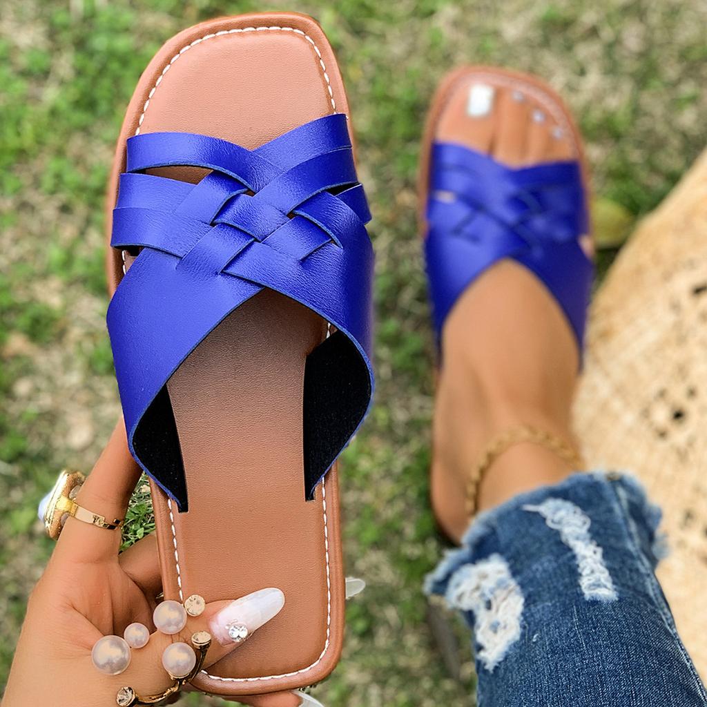 Foreign Trade Large Size Square Head Woven Solid Color Slippers Women's 2025 New Versatile Casual Flat Bottom Outer Wear Large Size Women's Slippers