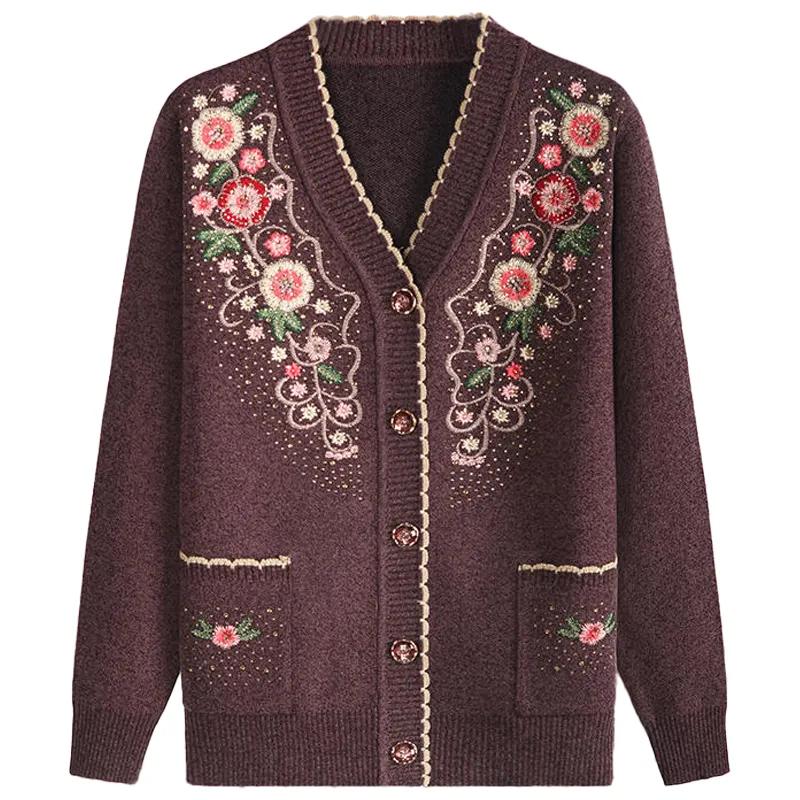 Damen Frühling Herbst Lässig V-Ausschnitt Langarm Jacke Damen Strickpullover Mittelalterlich und Älter Elegant Strickjacke Jacke