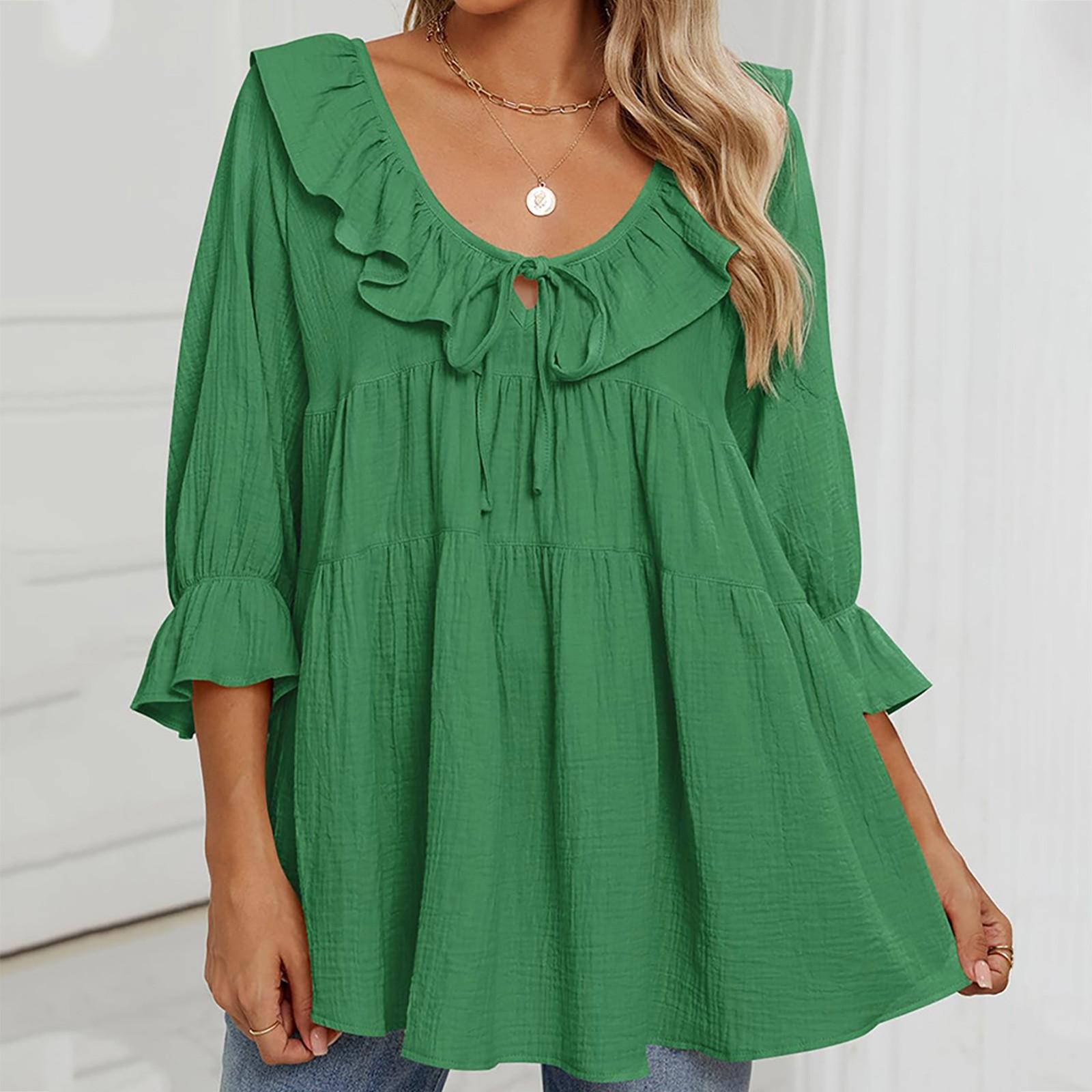 

Женская туника-рубашка с круглым вырезом, завязками спереди, складками, декорированная, многослойная, свободная, с рукавами-семью точками M зелёный