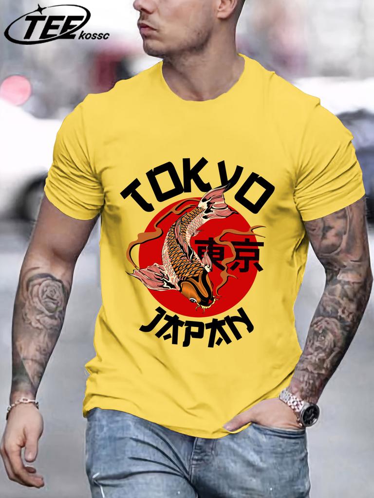 Harajuku Tokyo Japan Koi Fish Design Men TShirts Fashion Short Sleeve AllMatch Cotton Soft T Shirt Summer Unisex Loose Clothes