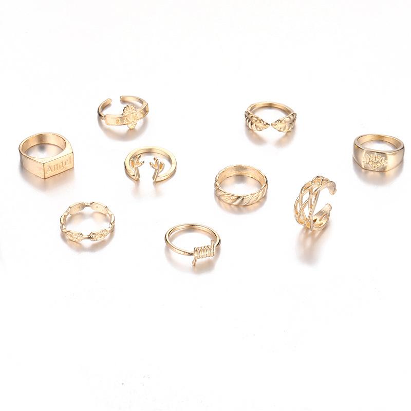 Ring, Fashion Letter Angel Leaf Mesh Ring, Personality Spring 9-Piece Gold Plated Set Ring