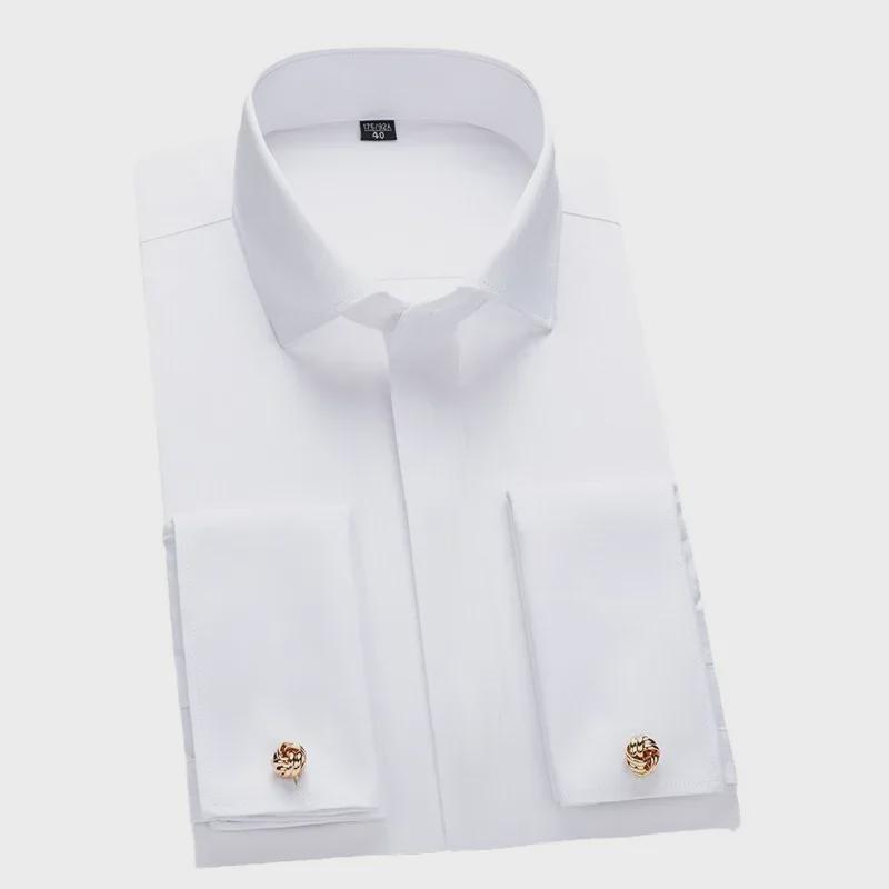 Men's Formal White Long-Sleeve Shirt with Windsor Collar and Bamboo Fiber French Cuff