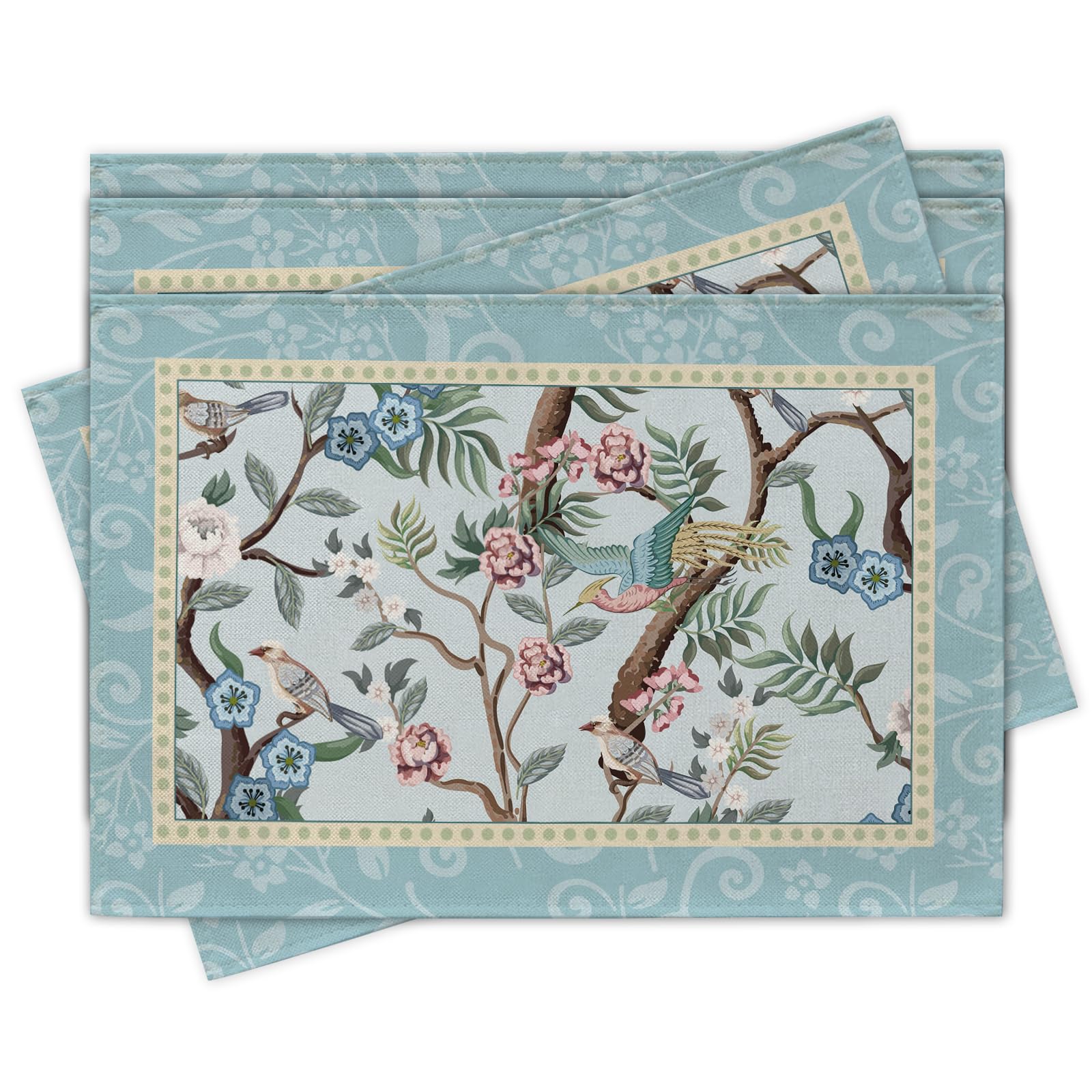 

Chinoiserie Bird Floral Placemats Set of 4, Vintage Flower Branch Dining Place Mats Table Decor, Spring Summer Elegant Home Kitchen Decoration 12x18 4Pcs-12 X18