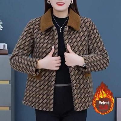 Stylish Fleece-Lined Plaid Jacket for Middle-Aged Women - Elegant Autumn/Winter Outerwear