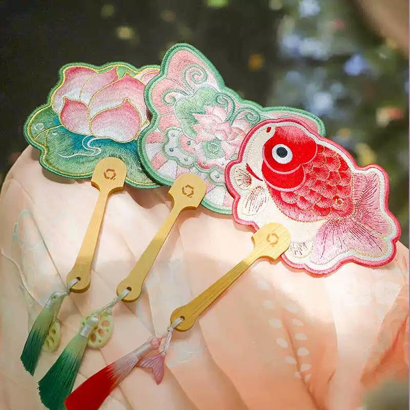 Kids Antique Fan Chinese Style Embroidery Hand-Cranked Dance Performance Koi Lotus Handmade Circular Fan Girl Han Chinese Clothing Accessories